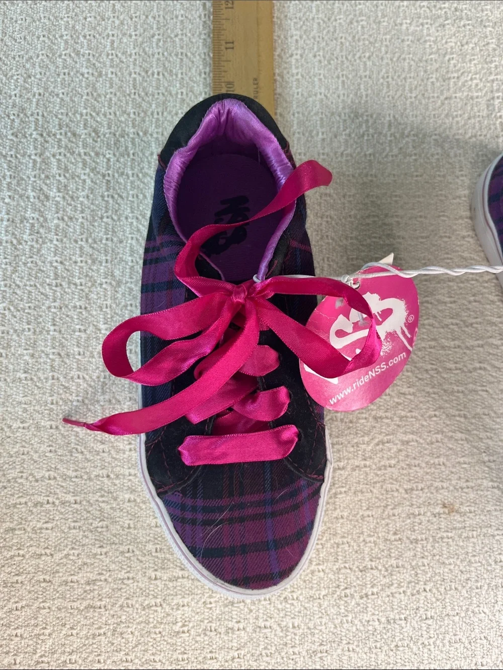 NSS Girls ribbon tie, plaid tennis shoes, NWT size 13, black purple pink vintage